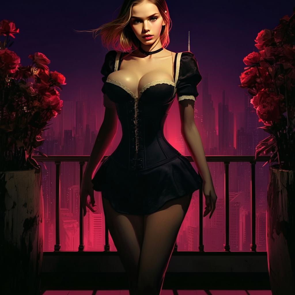 Digital Art of Woman in Black Corset Dress on Neon-Lit City Balcony