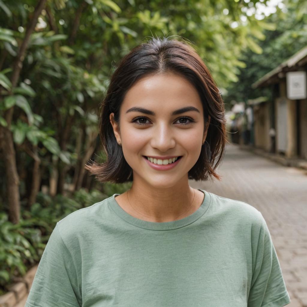 Friendly Woman in Green T-Shirt