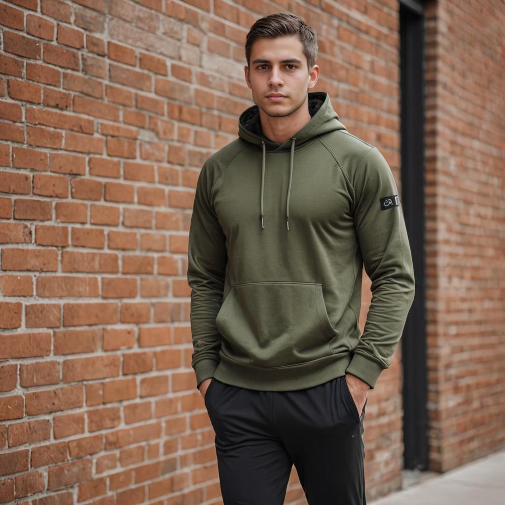 Man in Green Hoodie Against Brick Wall