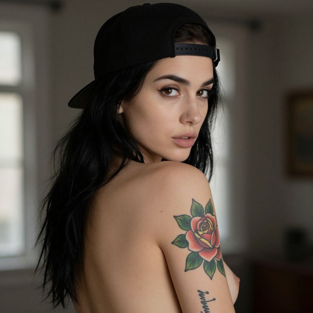Portrait of Woman with Rose Tattoo Wearing Black Cap