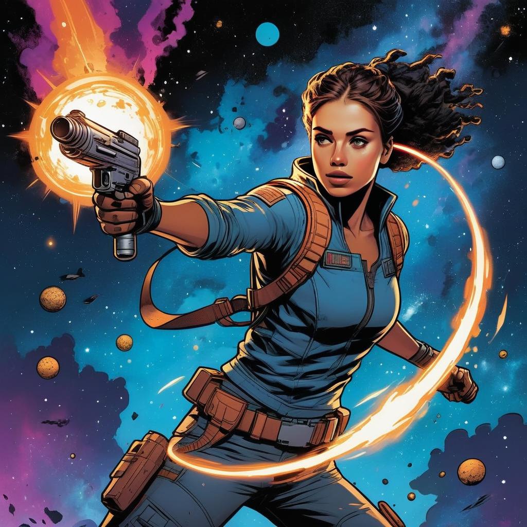 Futuristic Woman Aiming Pistol in Cosmic Space