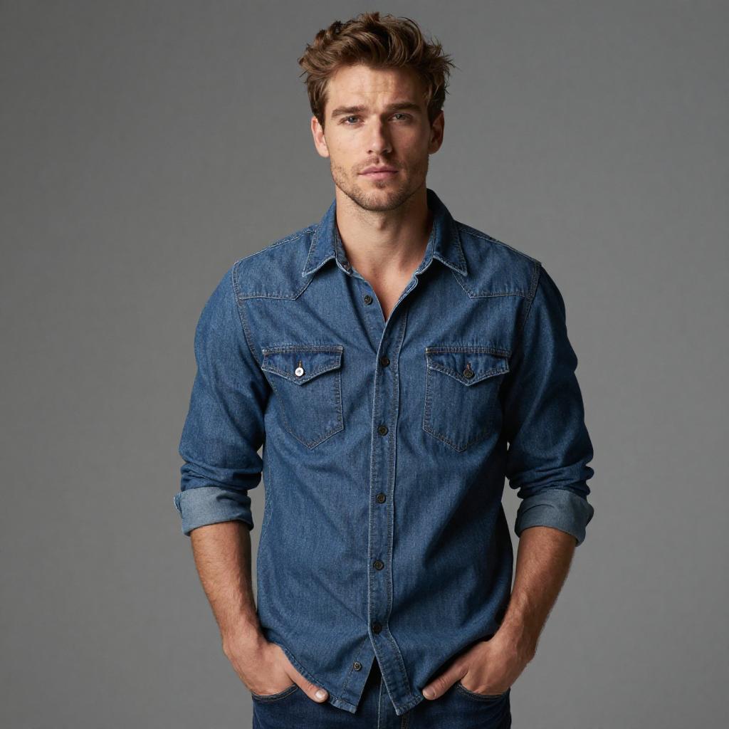 Confident Young Man Wearing Casual Denim Shirt with Rolled-Up Sleeves