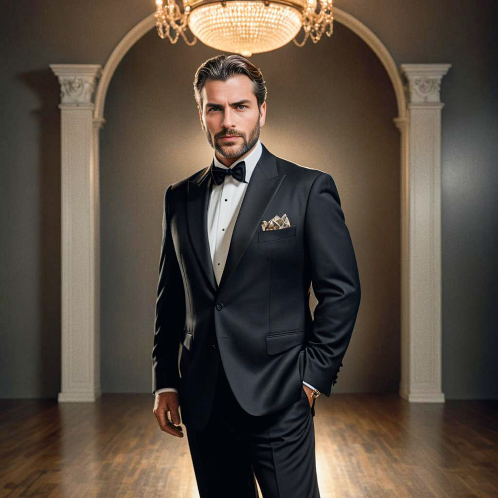 Stylish Man in Tuxedo Under Chandelier