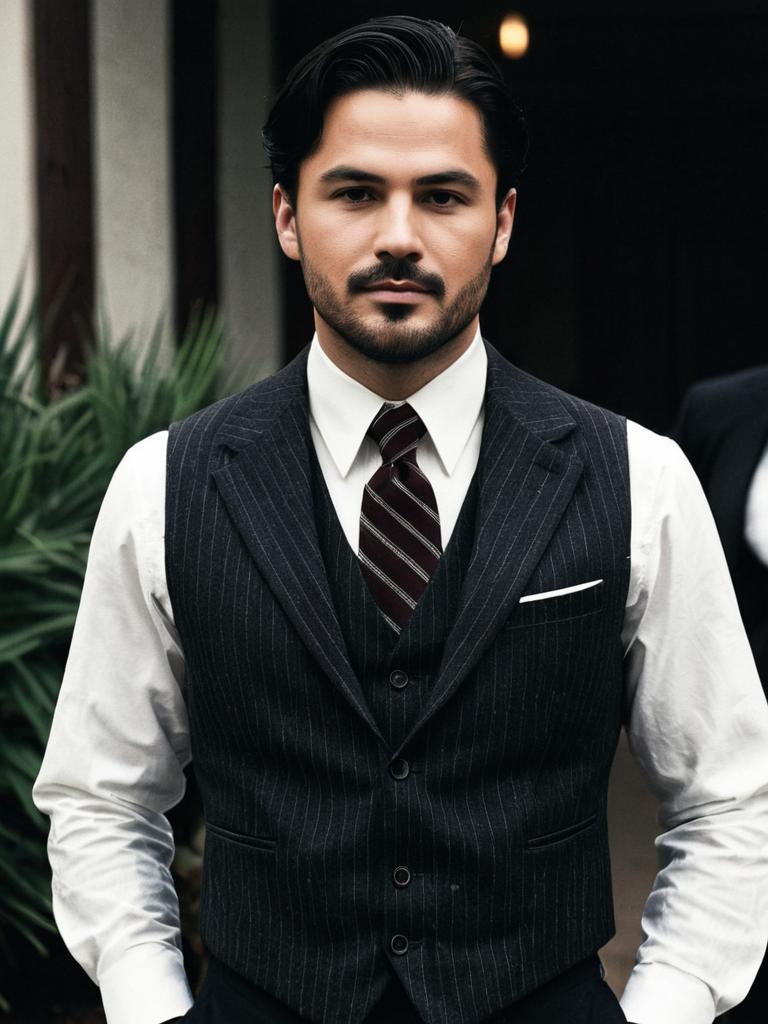 Gatsby Style Man in Pinstripe Suit Vest with Striped Necktie