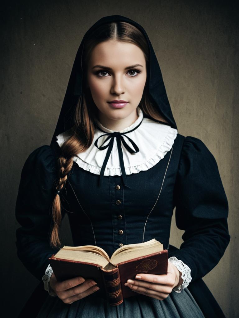 Portrait of Woman in Traditional Black Dress Reading Old Book