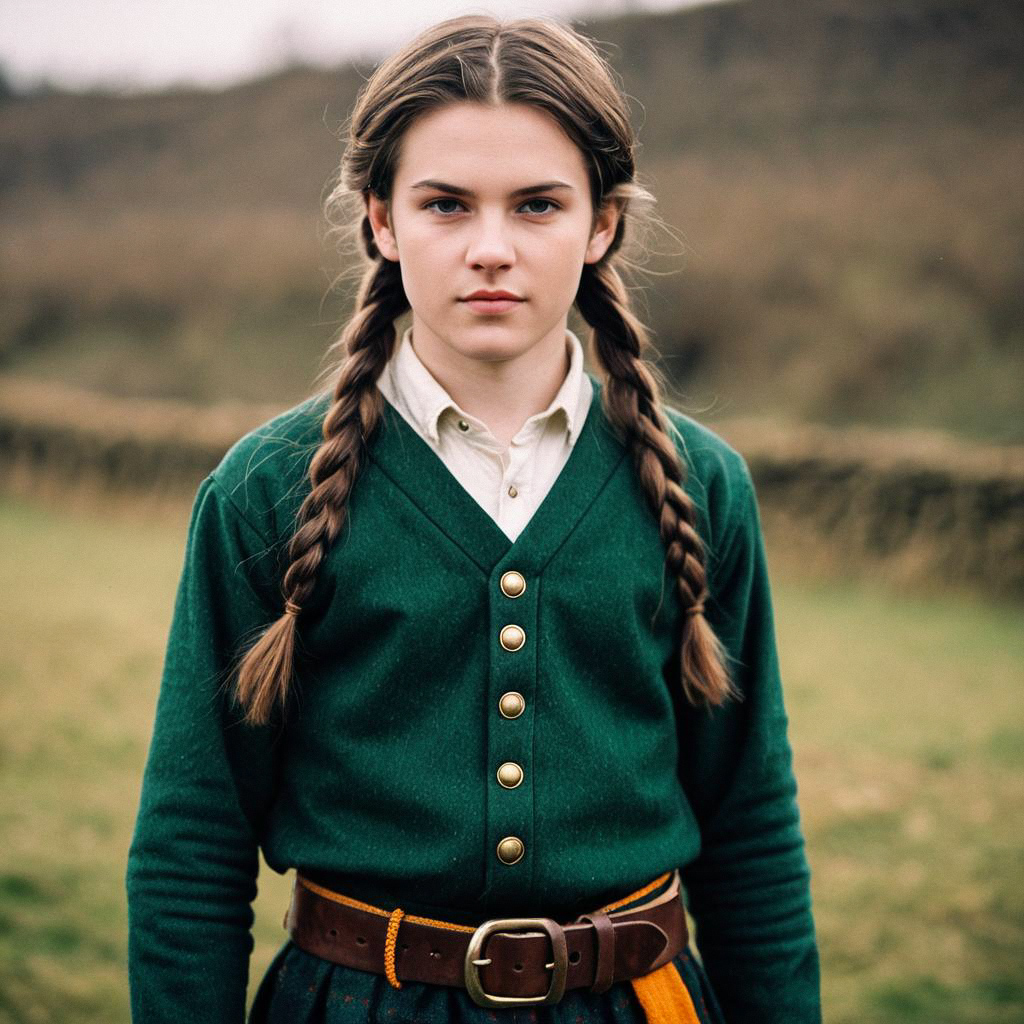 Young Woman in Vintage Green Cardigan with Braids