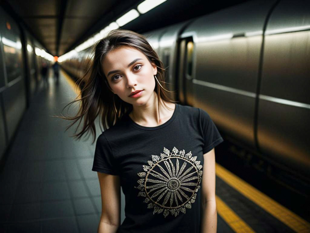 Confident Woman in Black T-Shirt with Golden Mandala at Subway Station