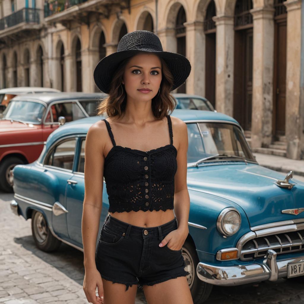 Chic Woman in Streetwear with Blue Car