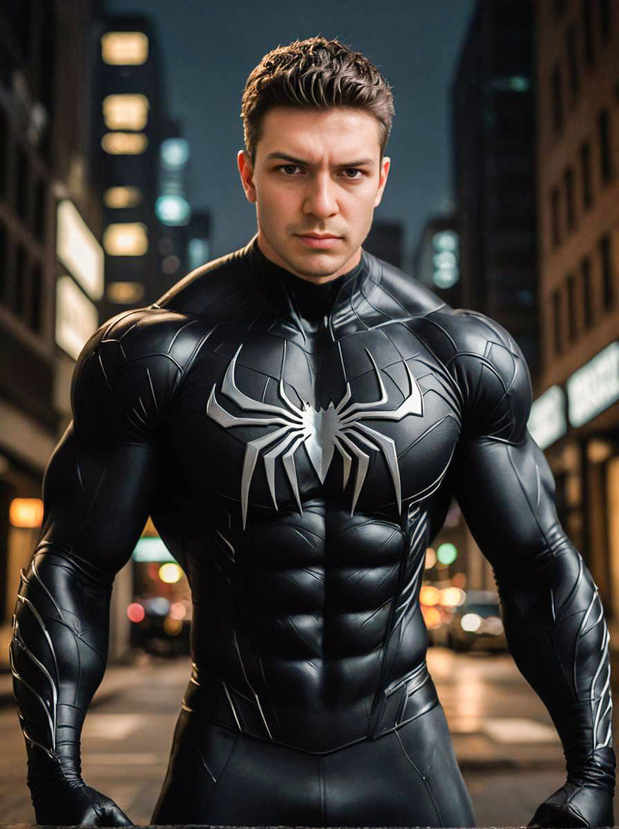 Muscular Man in Black Spider-Man Suit