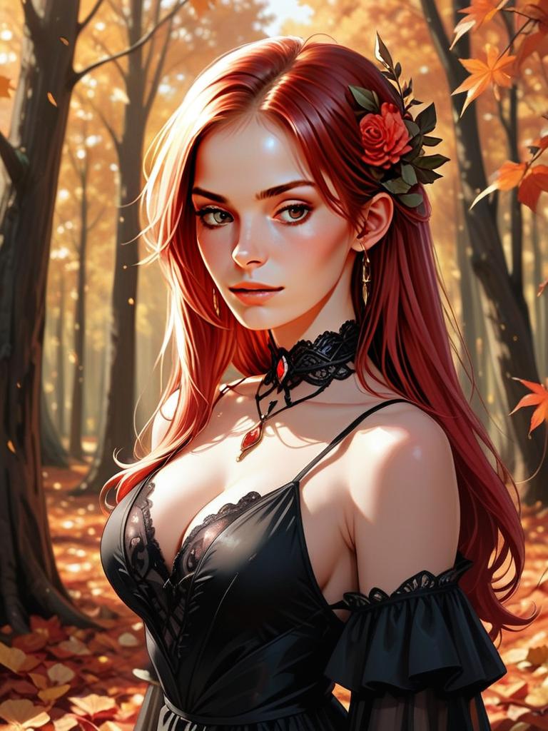 Woman with Red Hair in Autumn Forest