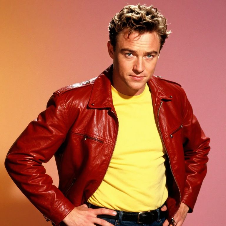 Man in Retro Red Leather Jacket and Yellow Shirt on Gradient Background