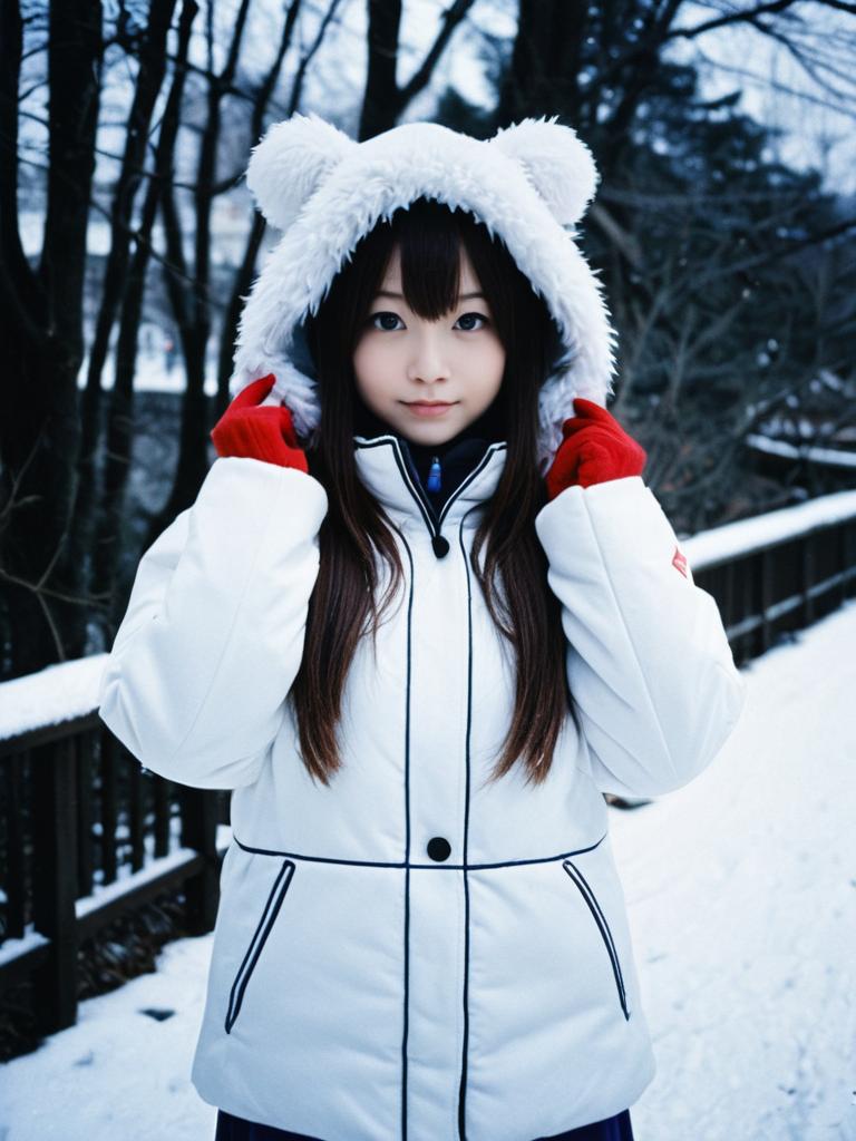 Woman Wearing Winter Coat with Bear-Eared Hood in Snowy Setting