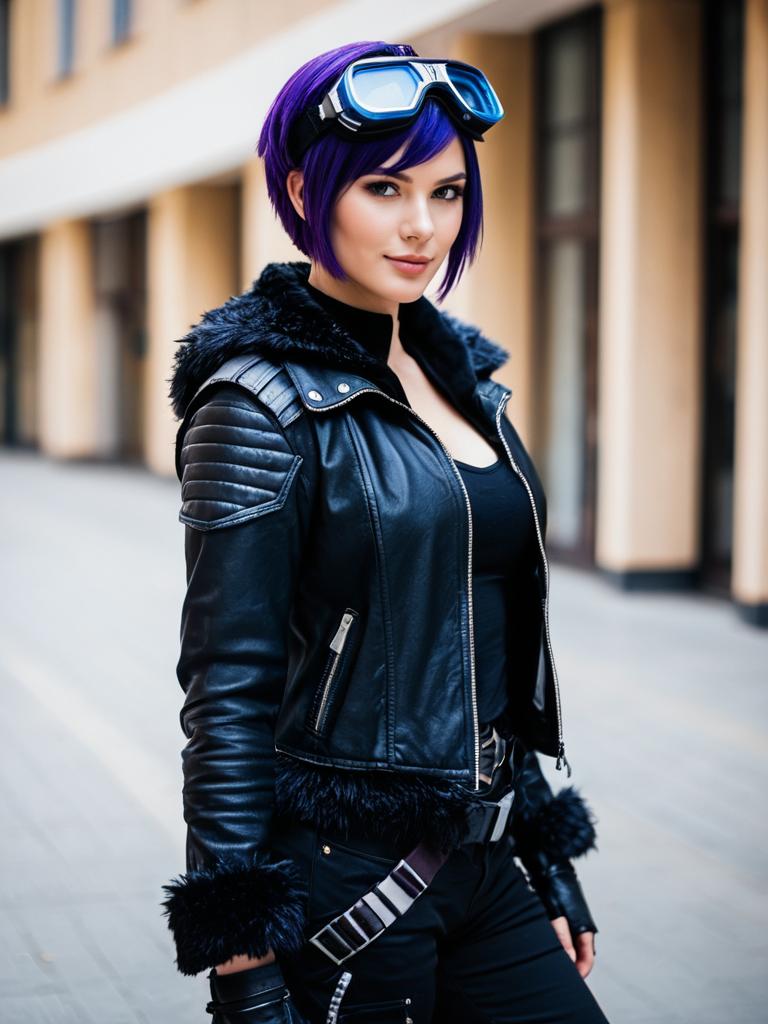 Stylish Woman in Black Leather Jacket with Blue Goggles Inspired by Arknights