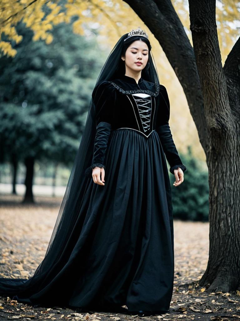 Princess of Darkness Costume with Black Dress and Veil in Autumn Outdoors