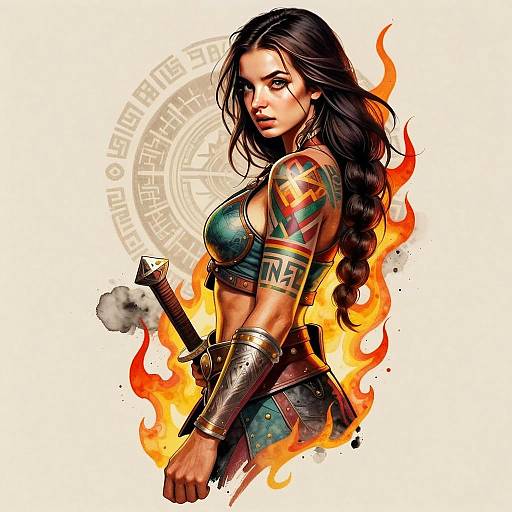 Fantasy Warrior Woman with Tribal Tattoos and Sword Digital Art