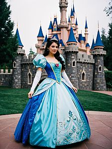 Woman in Disney Princess Dress Outdoor Castle Cosplay Photo