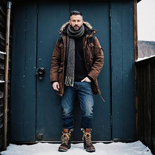 Stylish Man in Winter Jacket and Boots Standing Outdoors by Blue Door