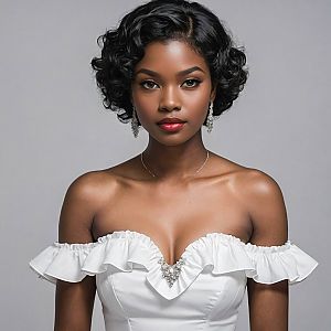 Confident Young Woman in Off-the-Shoulder Dress