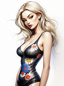 Digital Illustration of Blonde Woman in Floral Black Bodysuit