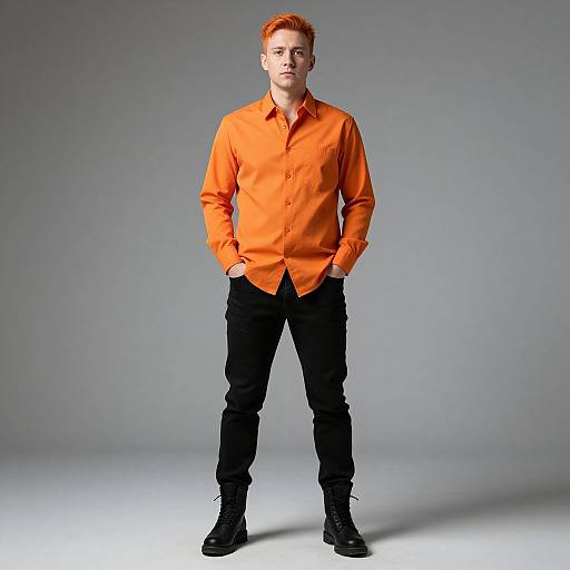 Confident Young Man in Bright Orange Shirt and Black Pants in Studio
