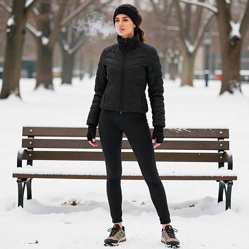 Woman in Black Winter Athletic Wear Standing in Snowy Park