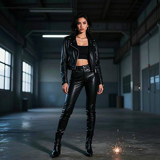 Confident Woman in Black Leather Outfit in Industrial Setting