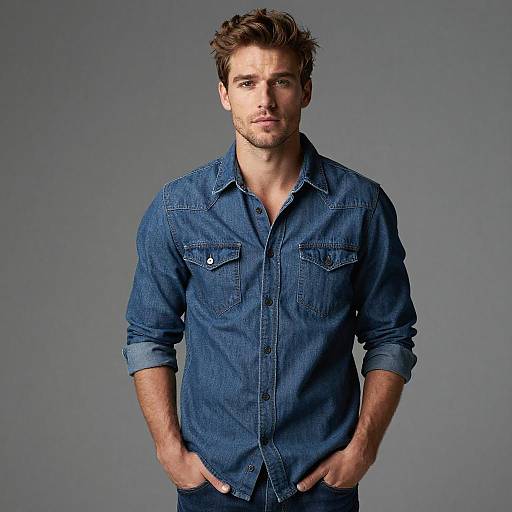 Confident Young Man Wearing Casual Denim Shirt with Rolled-Up Sleeves