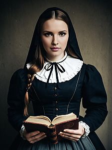 Portrait of Woman in Traditional Black Dress Reading Old Book