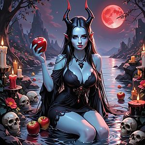 Mystical Woman with Horns in Reflective Water under Red Moon