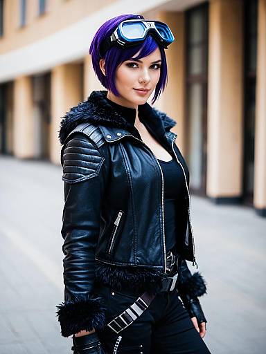 Stylish Woman in Black Leather Jacket with Blue Goggles Inspired by Arknights