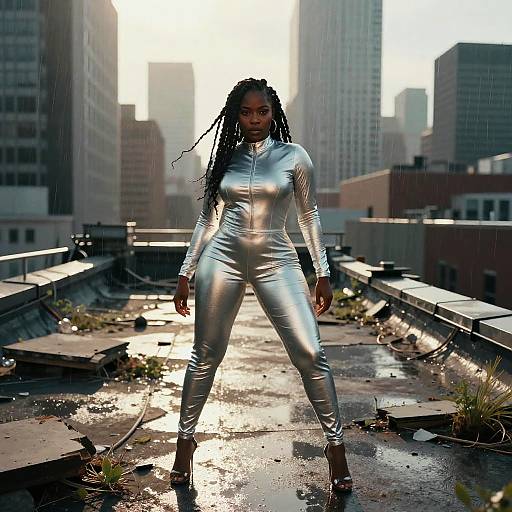 Confident Woman in Futuristic Silver Bodysuit on Urban Rooftop
