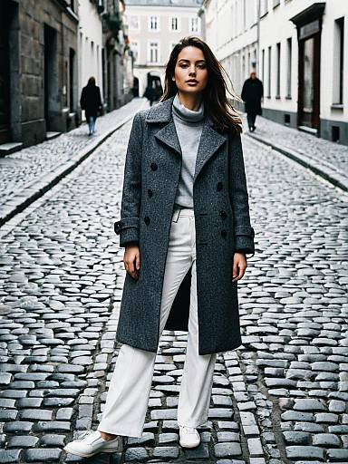 Exclusive Fashion Wear Woman in Grey Coat and White Pants Standing on Cobblestone Street