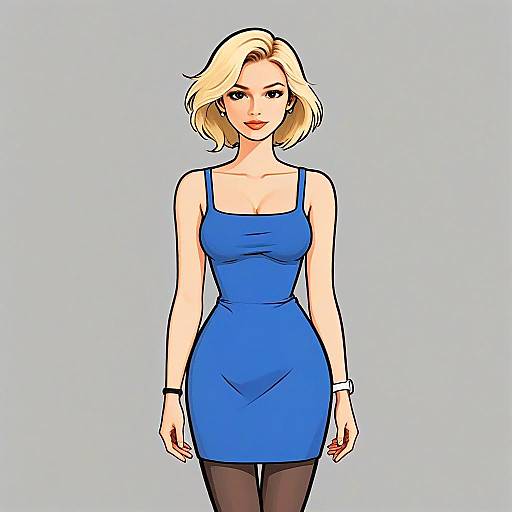 Stylish Woman in Minimalist Blue Fitted Dress Digital Illustration