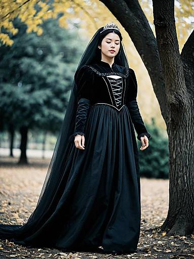 Princess of Darkness Costume with Black Dress and Veil in Autumn Outdoors