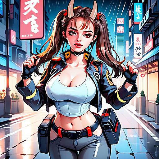 Cyberpunk Anime Woman in Neon City Street with Twin Ponytails and Devil Horns