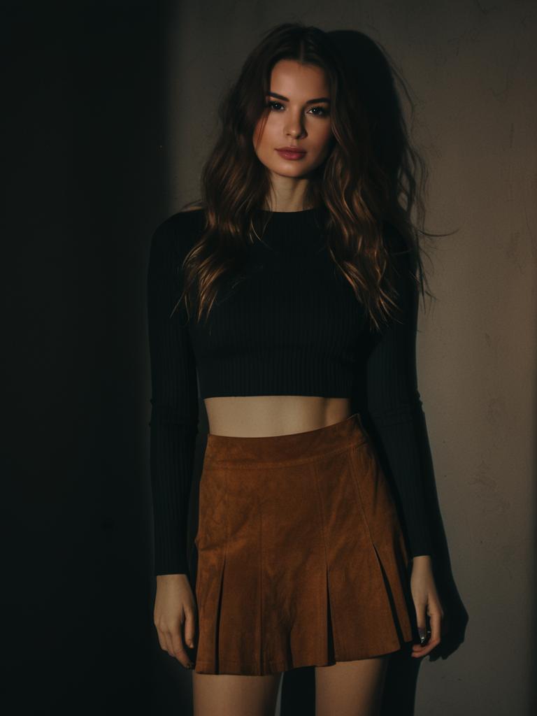 Woman Wearing Casual Chic Black Ribbed Crop Top and Brown Suede Skirt