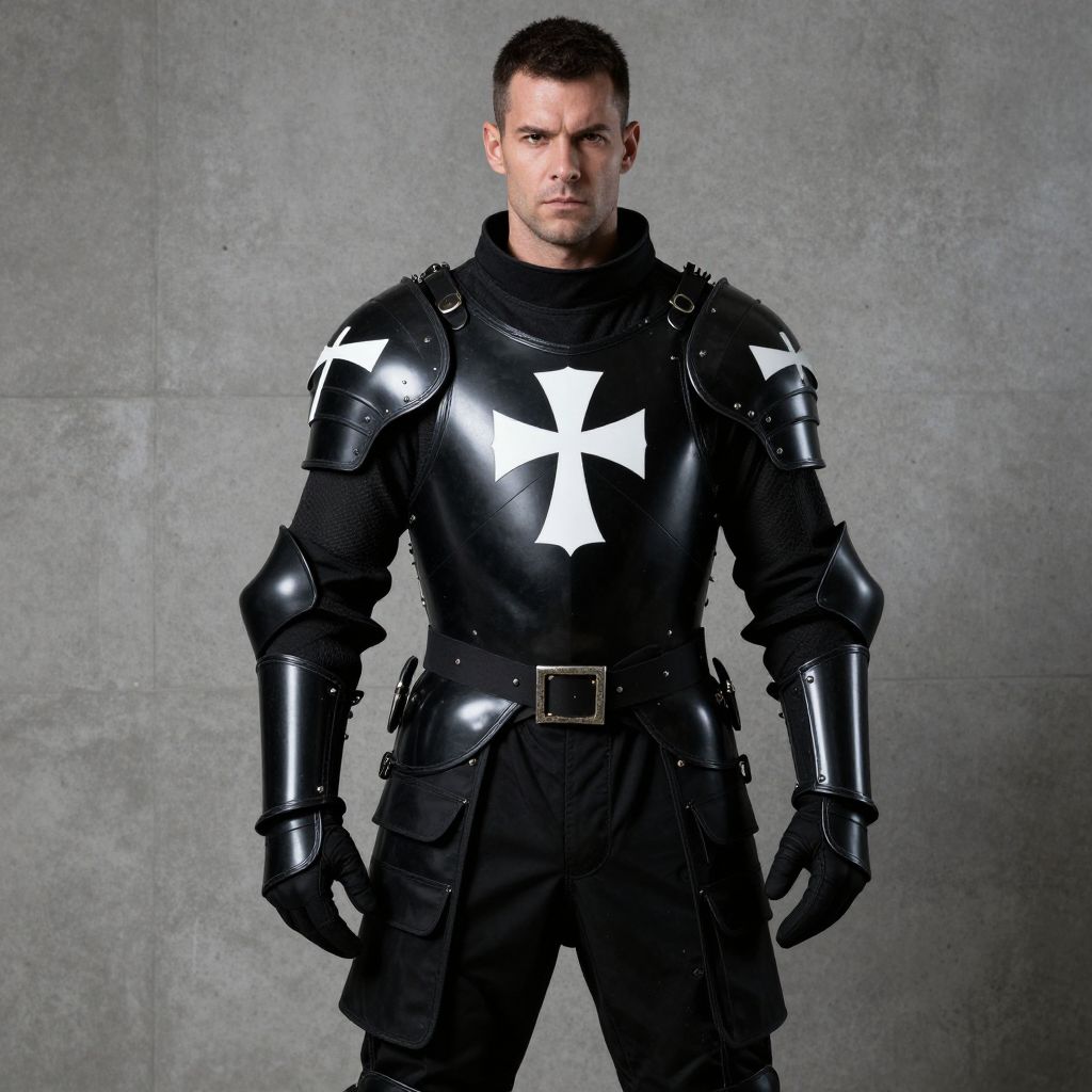 Man Wearing Black Medieval Knight Armor with White Cross Symbol