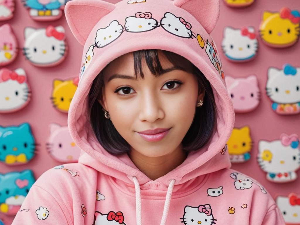 Woman in Hello Kitty Hoodie with Stamped Background