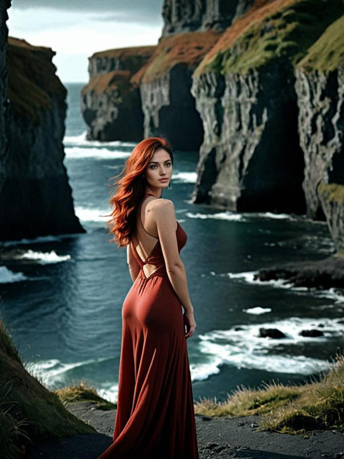 Woman in Red Dress by Coastal Cliffs