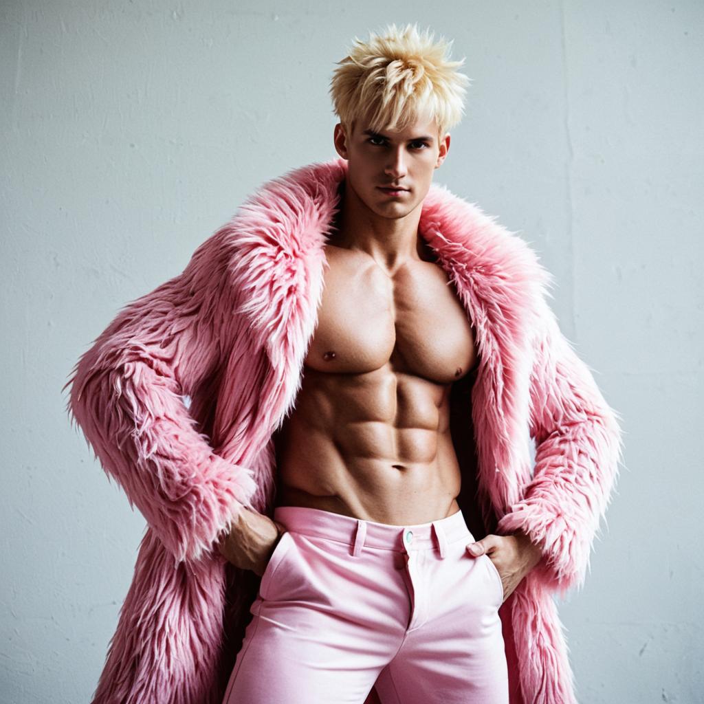 Stylish Muscular Man in Pink Faux Fur Coat and Pants