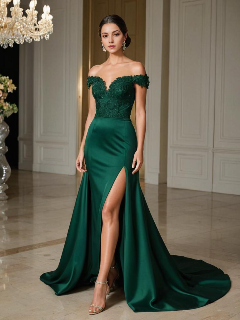 Elegant Woman in Off-the-Shoulder Green Gown