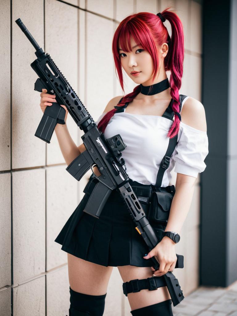 Red-Haired Woman Cosplaying with Tactical Rifle Inspired by Girls' Frontline