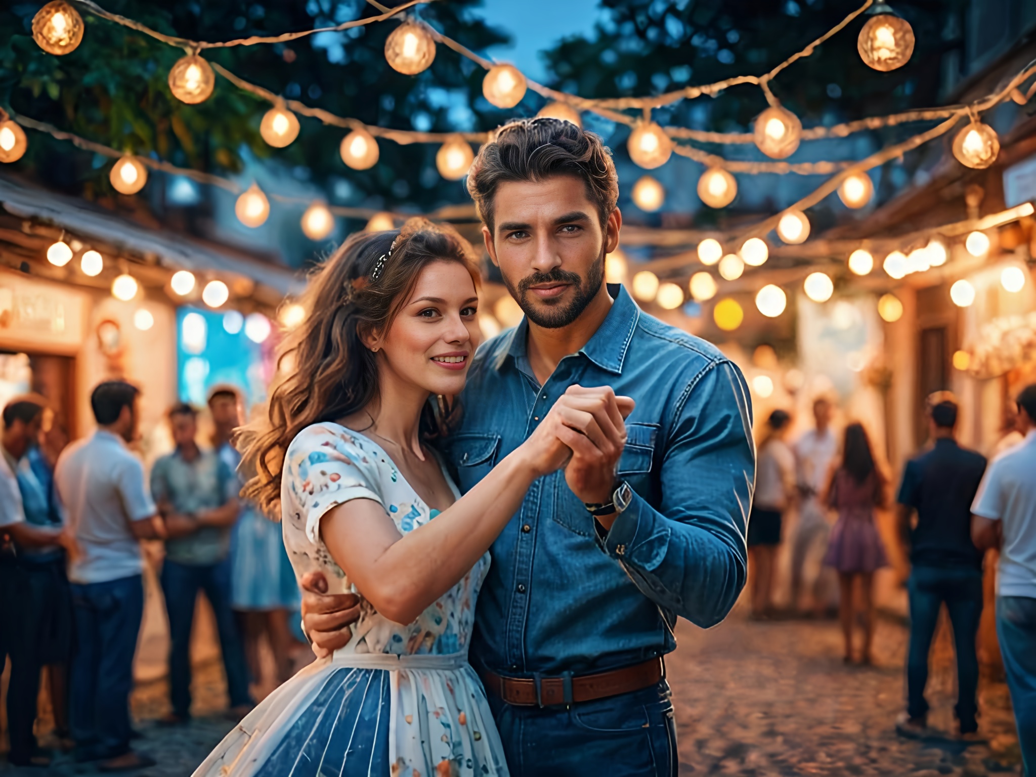 Romantic evening dance under string lights