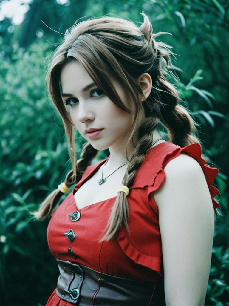 Woman in Aerith Cosplay Costume with Braided Hair in Outdoor Setting