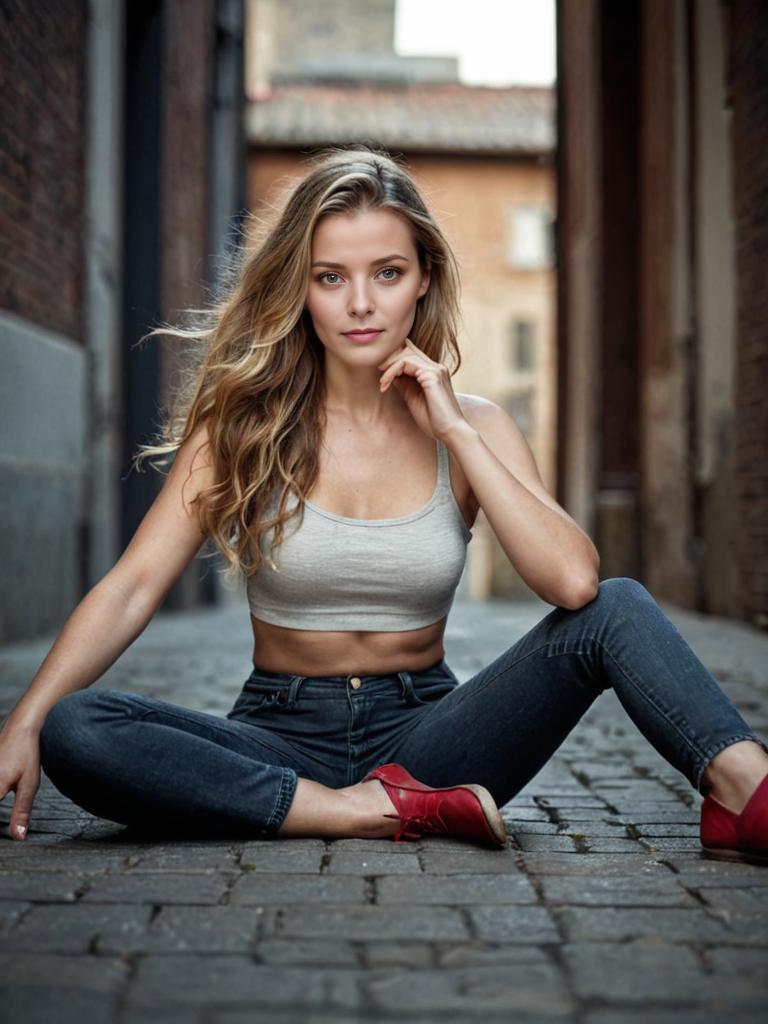 Woman in casual style sitting on pavement