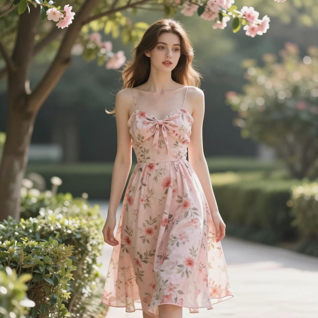 Young Woman in Floral Pink Dress Walking Outdoors in Spring Garden