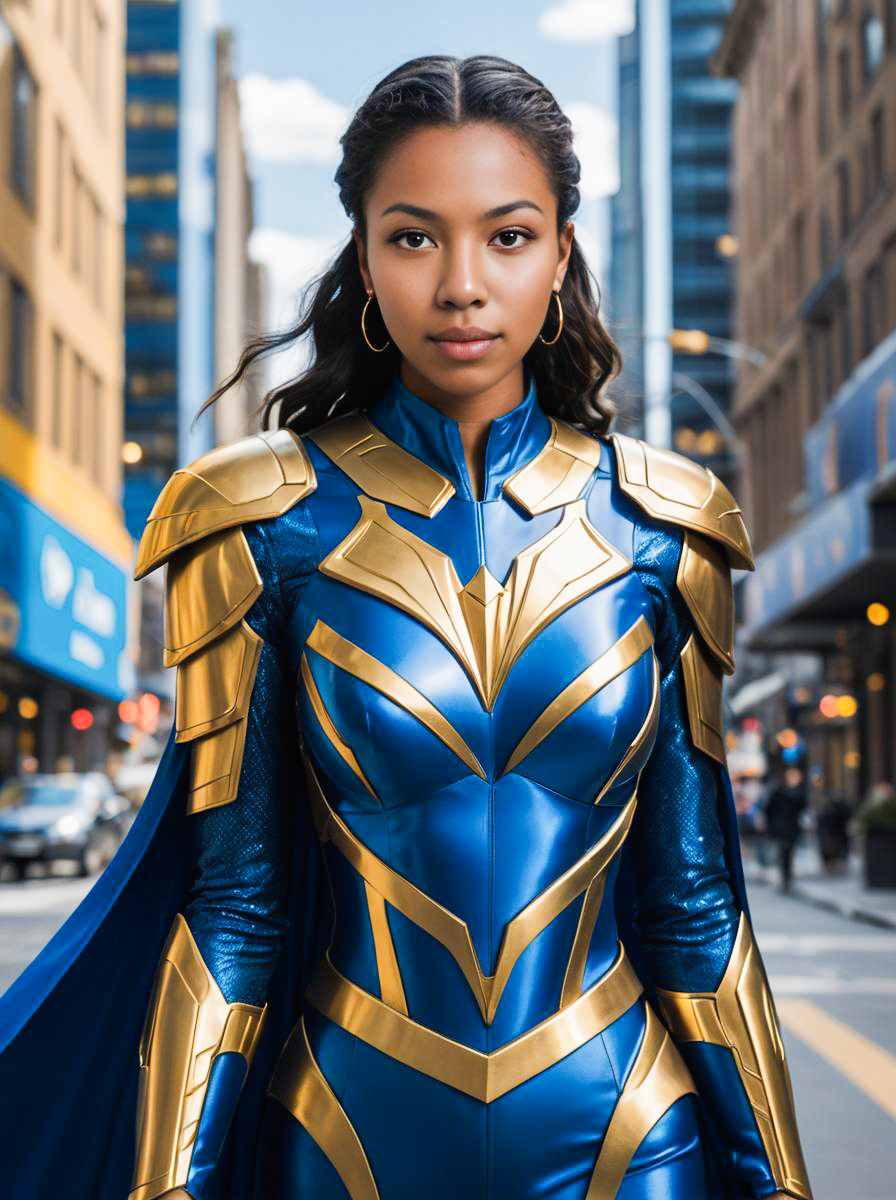 Woman in Blue and Gold Superhero Costume