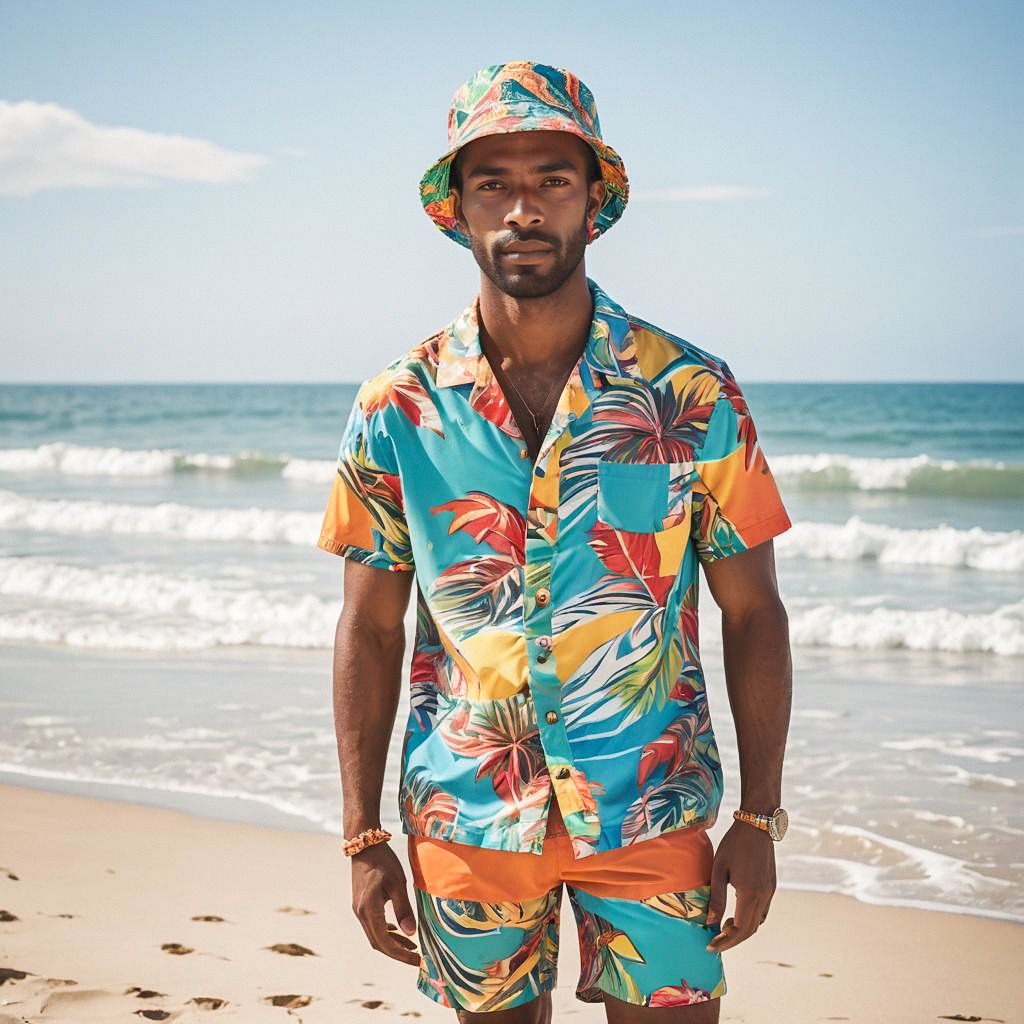 Confident Man in Tropical Outfit on Sunny Beach Confident Man in Tropical Outfit on Sunny Beach