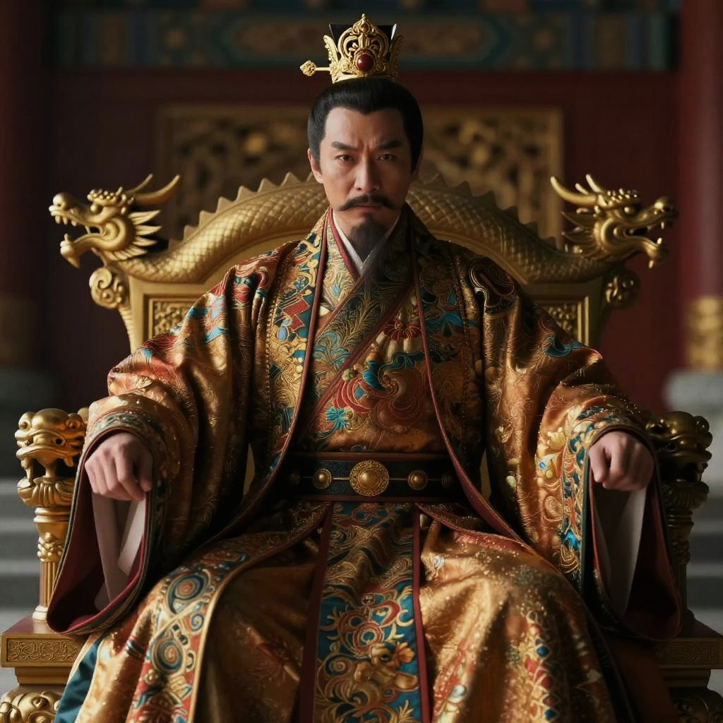 Asian Emperor in Traditional Imperial Robe on Dragon Throne