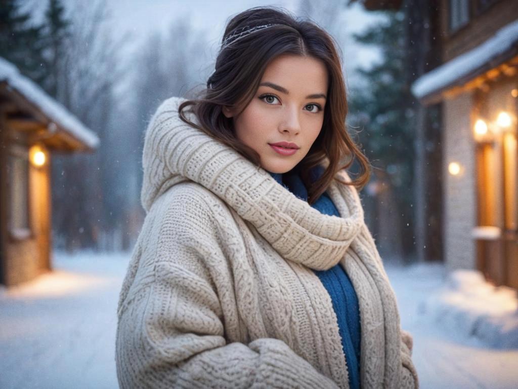 Woman in Cozy Knit Sweater in Winter Landscape